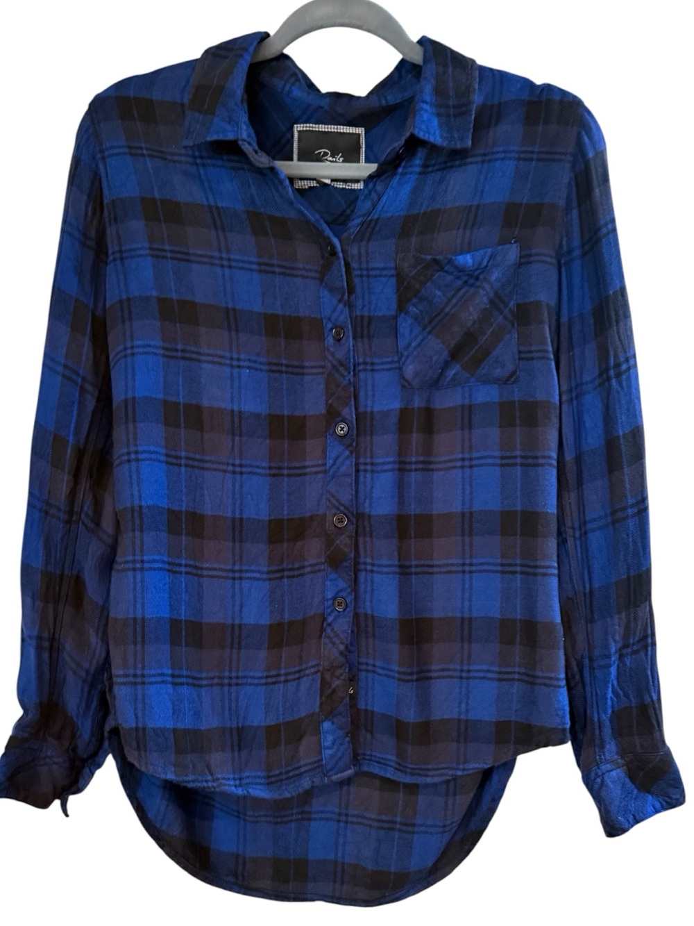 Rails Blue Black Plaid Button Down Shirt XS High Low Hem